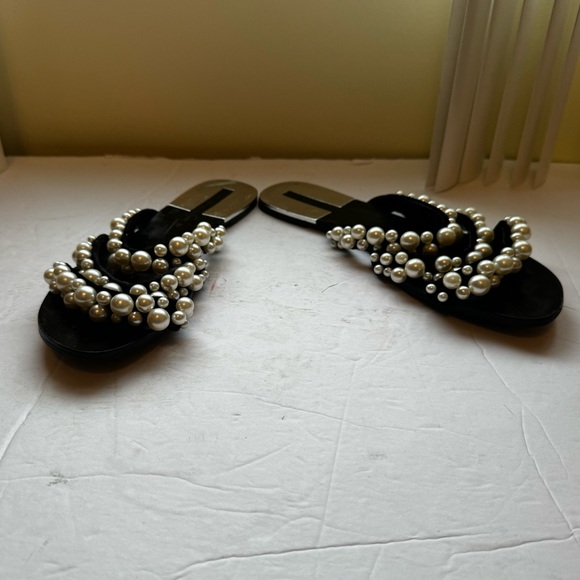 Zara Pearl Embellished Straps Flat Sandals Flats Faux Leather Slides Mules Shoes - Picture 11 of 16